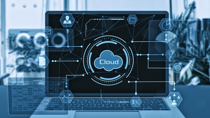 Laptop computer with a futuristic graphic interface, concept of cloud computing, corporate business, financial operations, stock market, company management, on-line business (3d render)