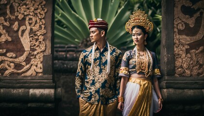 Fototapeta na wymiar Balinese Young Couple wear Traditional Indonesian Cloth in Bali temple, Generative AI