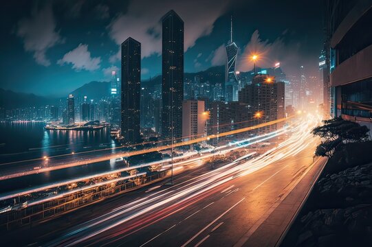 Hong Kong's Night Cityscape in Asia. Photo generative AI