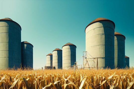 Agricultural silos in the middle of corn field, clear blue sky. Generative AI