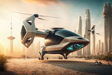 Mollitary helicopter in motion in a futuristic style against the backdrop of a desert city landscape. New technologies, cyberpunk, high resolution, art, generative artificial intelligence
