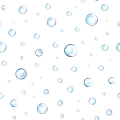 Transparent drops of water. Seamless pattern with water bubbles. Watercolor hand drawn. Label and textile