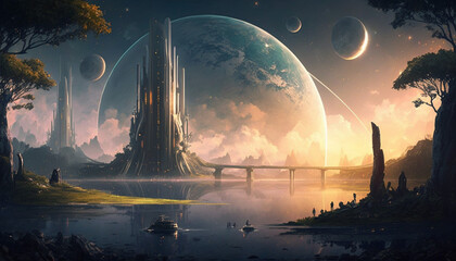 Futuristic landscape of another alien planet, Generative AI