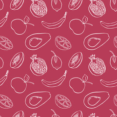 Contour fruits seamless pattern. Doodle fruits on colored background, minimalistic pattern.
