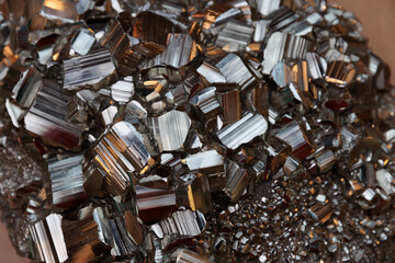 Close up of Pyrite crystal, fool's gold. Pyritohedrons, pentagonal face - obrazy, fototapety, plakaty