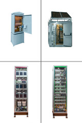 four electrical control cabinets of various designs and purposes, isolated on white background - 576046064