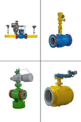 four modern shut-off valves with automatic control and parameter control isolated on white...