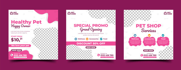 Pet shop promotion social media post template design collection. Abstract flow shape with pattern background. With place for the photo