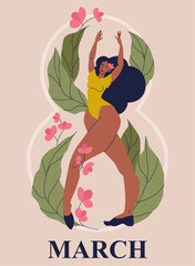 Beautiful vector illustration with woman and flowers. Happy International women's day postcard. Illustration for cards, posters, flyers, banners and etc. 8 March vector art. Spring vector illustration