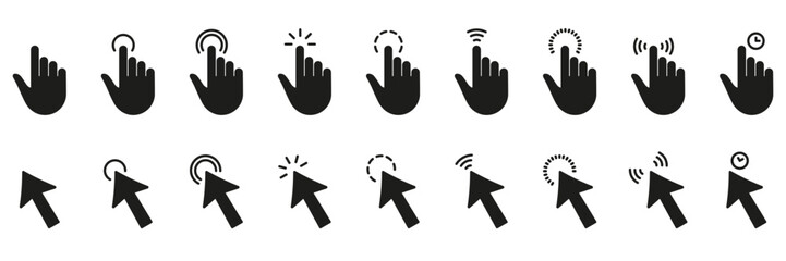 Mouse Pointer Gesture, Hand Slide Left and Right Black Solid Pictogram. Hand Finger Touch, Swipe and Drag Silhouette Icon Set. Pinch Screen, Rotate on Screen Glyph Icons. Isolated Vector Illustration