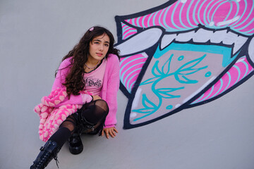Teenage girl dressed in gothic style posing squatting on graffiti on a skateboarding rink