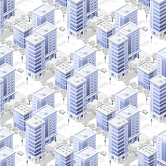 Urban isometric area with building trees lawns and streets. Seamless urban