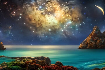 Fantasy night seascape, glowing marine life, starry sky, digital art. Generative AI