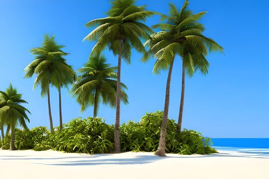 Coconut trees with beach sand on blue background. summer concept. 3d rendering. Generative AI