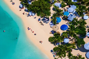 Fototapeta na wymiar Overhead view of people relaxing on beach holiday. Generative AI