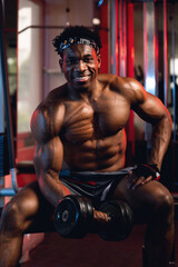 Fototapeta premium 20s Black and muscular man in a gym doing concentration curls with dumbbell