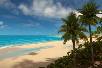 sandy beach with sea and tropical palms. Generative AI