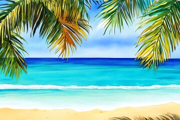 Fototapeta na wymiar Summer tropical beach with golden sand and wave. Hand drawn watercolor illustration. Generative AI