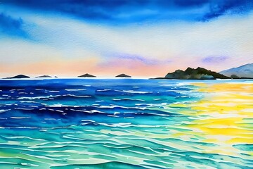Obraz premium Sunny seascape. Watercolor illustration. Generative AI
