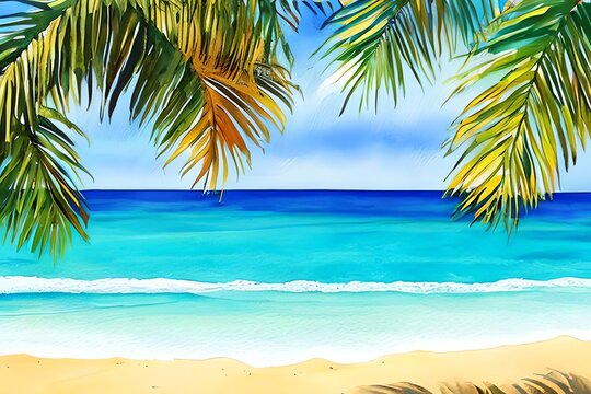Summer tropical beach with golden sand and wave. Hand drawn watercolor illustration. Generative AI