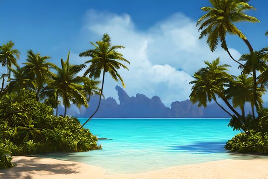 Tropical island paradise background with palms silhouette and sky. Generative AI
