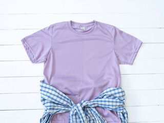 purple Tshirt Mockup Athletic Heather plaid shirt Waist Tie And Rolled Sleeve On white Wood