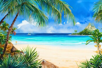 Fototapeta na wymiar Watercolor illustration of a tropical beach. Generative AI