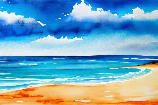 Watercolor painting the background of sea view with jagged edges and brush marks. Sea sand beach under blue sky with clouds. Generative AI