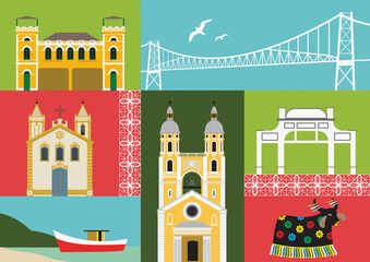 Ilustração contendo alguns dos principais pontos turísticos da cidade de Florianópolis, em Santa Catarina, Brasil.