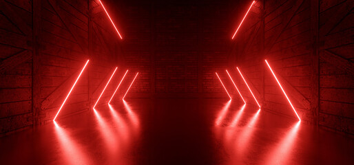 Neon Glowing Sci Fi Futuristic Warehouse Garage Stage Red Lights Concrete Stone Cement Floor Rough Barn Wood Walls Showroom 3D Rendering