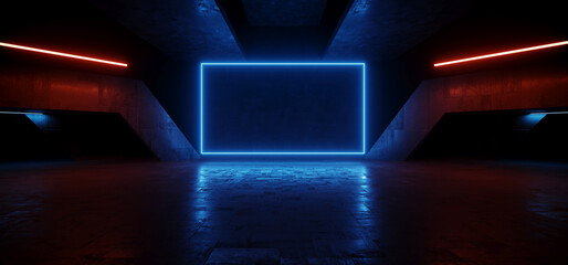 Grunge Studio Showroom Big Empty Steel Concrete Hangar Warehouse Barn Huge Space Dark Night Led Lights Modern Workshop Car Garage Depot 3D Rendering