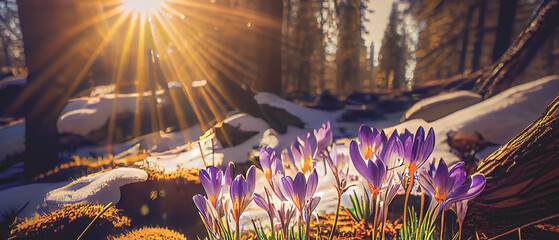 The first spring flowers, crocuses in a forest with snow background also have copy space for text. Generative AI
