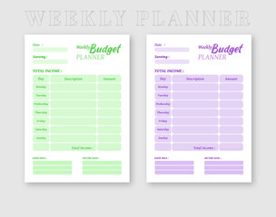 Creative And Colorful Printable Budget Planner Template Design. Set Of Financial Goals planner For Your Modern Company.