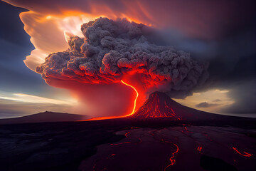 Lava Flows on active volcano.Volcano eruption with ash smoke and pyroclastic cloud. Volcanic natural disaster ,3D Rendering graphic ,illustration drawing - obrazy, fototapety, plakaty
