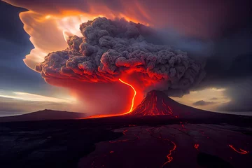 Fotobehang Lava Flows on active volcano.Volcano eruption with ash smoke and pyroclastic cloud. Volcanic natural disaster ,3D Rendering graphic ,illustration drawing © cattyphoto