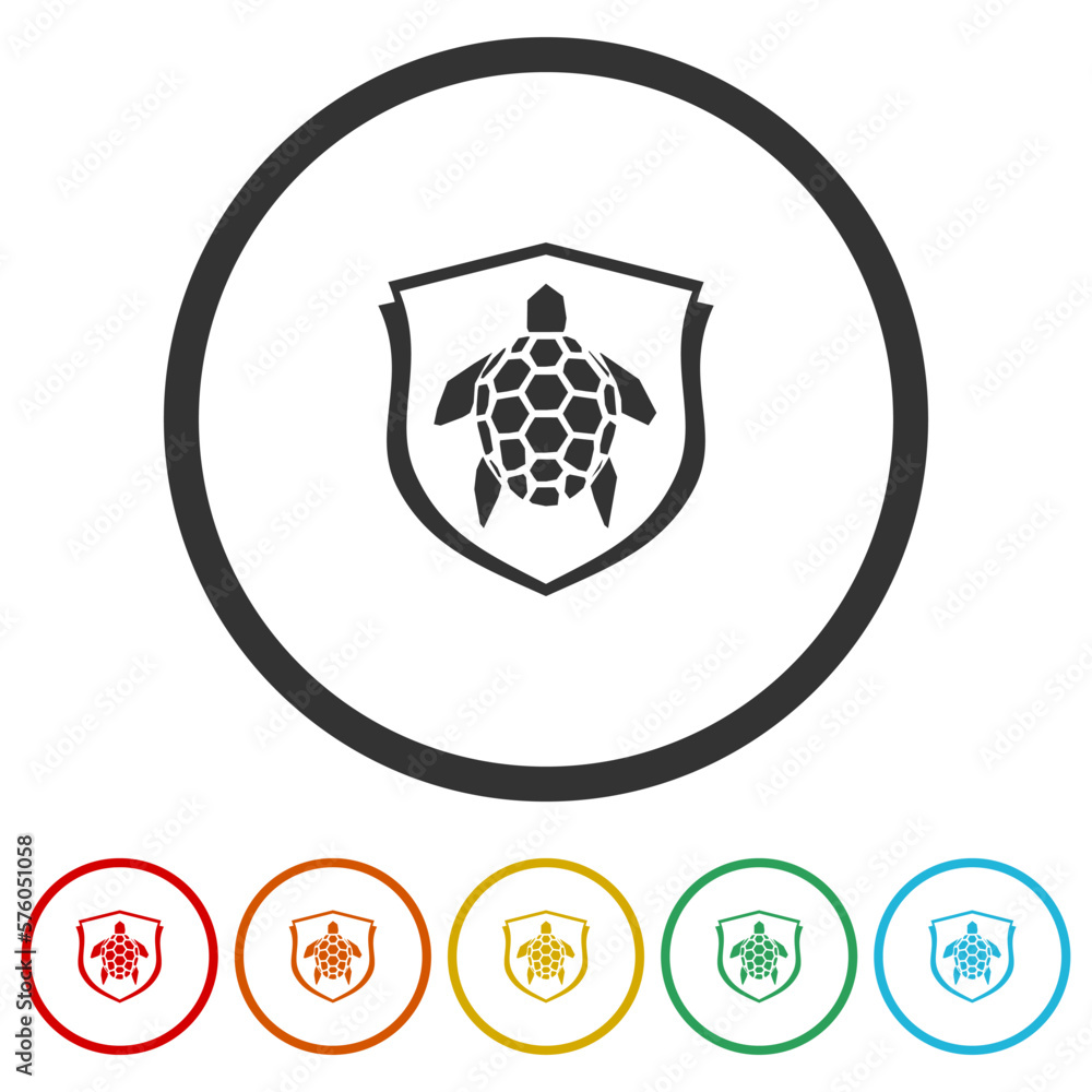 Poster turtle with shield logo icons in color circle buttons