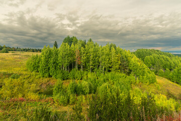 a small forest on top of a hill against a cloudy sky, Pinezhsky district Krasnaya Gorka Arkhangelsk region.