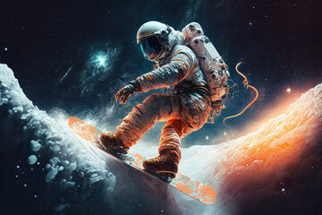 Fototapeta na wymiar Astronaut Snowboarding in Space made with generative ai