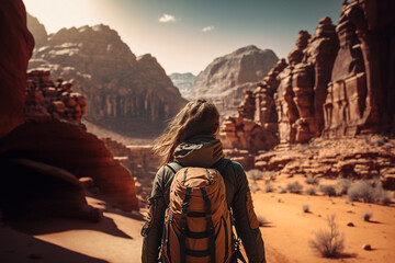 Young female solo traveller watching over the valley in Petra, Jordan. Generative AI - obrazy, fototapety, plakaty