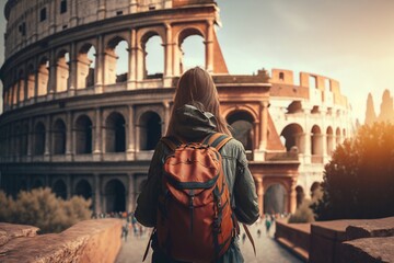 Female traveler looking on the Colosseum in Rome, Italy. Generative AI