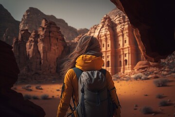 Woman exploring the sights of the ancient, fabulous city of Petra in Jordan. Generative AI - obrazy, fototapety, plakaty