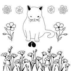 Cute cat and flowers. Vector illustration in doodle style.
