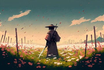 samurai standing among the swords impaled on the ground in the flower fields, digital art style, illustration painting, Generative AI