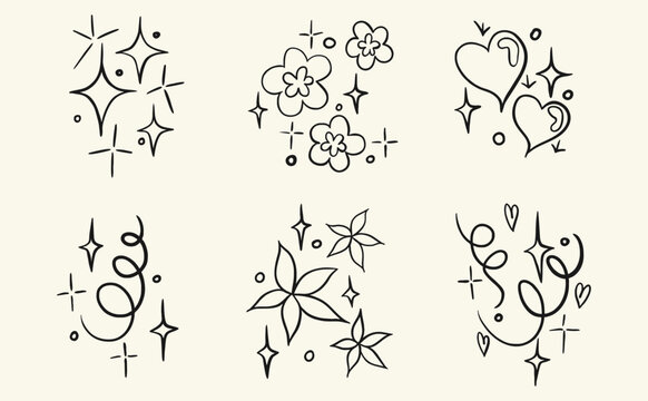 Set of vector stickers, tattoo. The tattoo is drawn with a thin line. Tracery, handmade stars, flowers and hearts. Vector illustration.