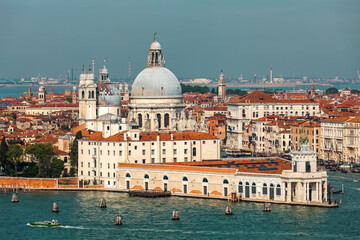 Fototapeta na wymiar Santa Maria della Salute basilica as seen from above in Venice, Italy.