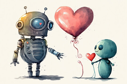 Dating service, online dating apps in future. Chatbot, AI technology and dating apps. Couple Robots in love with heart balloon in hands. AI generative