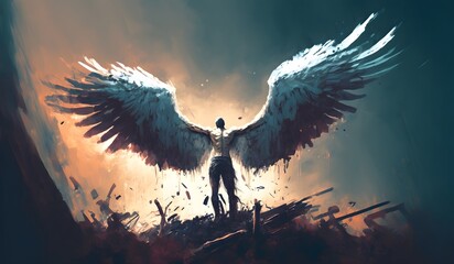 illustration painting of the man spreading his wings, digital art style, Generative AI
