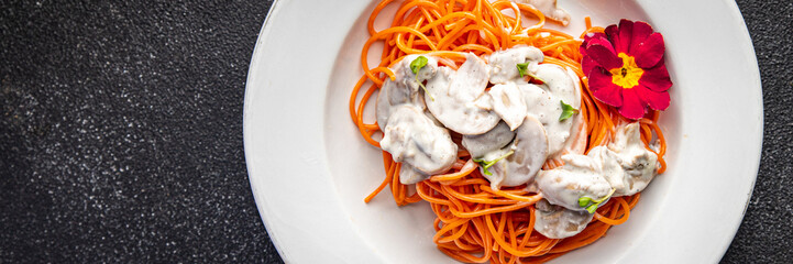 tomato spaghetti pasta mushroom sauce meal food snack on the table copy space food background rustic top view