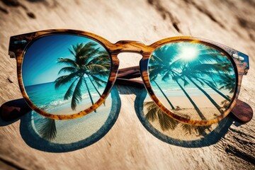 Palm tree reflection in sunglasses, summer concept, Generative AI