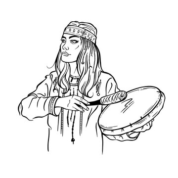 woman playing drum black and white clip art preview